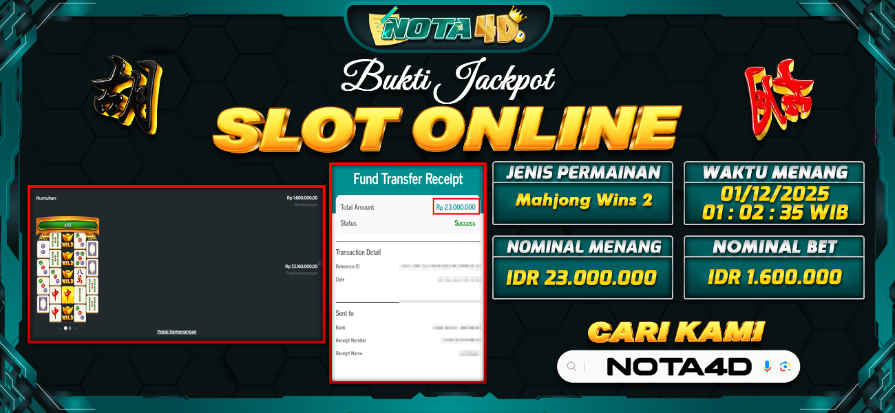 Bukti Kemenangan Besar Dibayar lunas Member NOTA4D RP 23.000.000, 1 Desember 2025