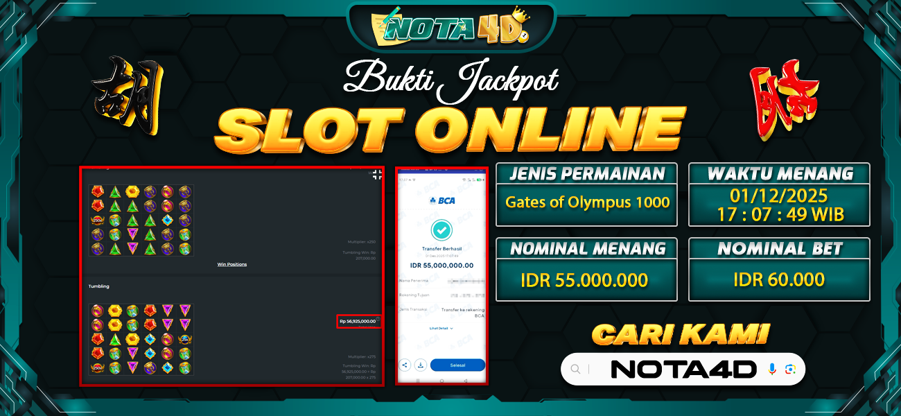 Bukti Kemenangan Besar Dibayar lunas Member NOTA4D RP 55.000.000, 1 Desember 2025