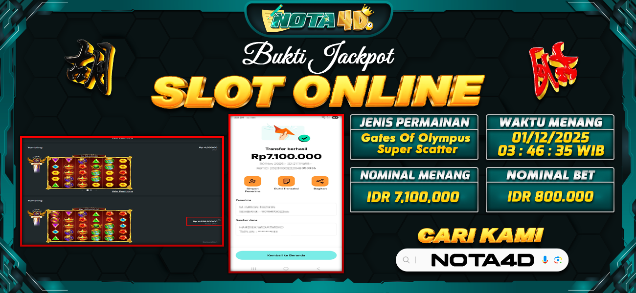 Bukti Kemenangan Besar Dibayar lunas Member NOTA4D RP 7.100.000, 1 Desember 2025