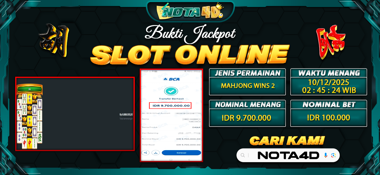 Bukti Kemenangan Besar Dibayar lunas Member NOTA4D RP 9.700.000, 10 Desember 2025