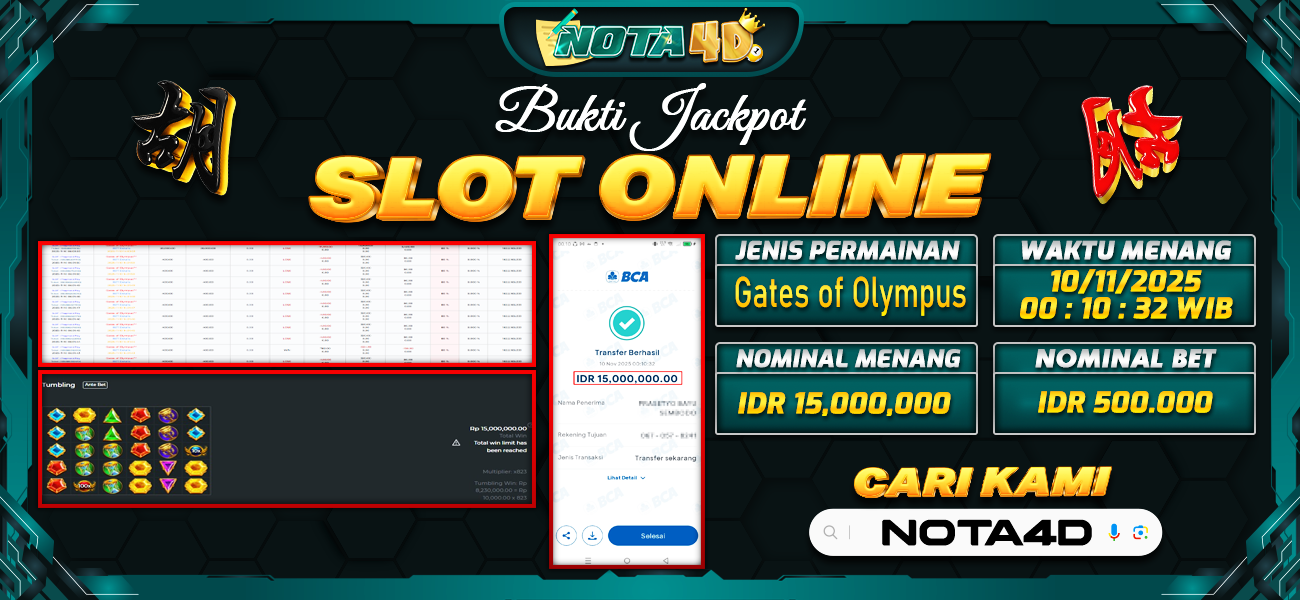 Bukti Kemenangan Besar Dibayar lunas Member NOTA4D RP 15.000.000, 10 November 2025