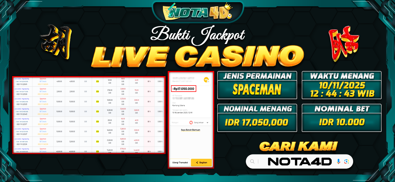 Bukti Kemenangan Besar Dibayar lunas Member NOTA4D RP 17.050.000, 10 November 2025