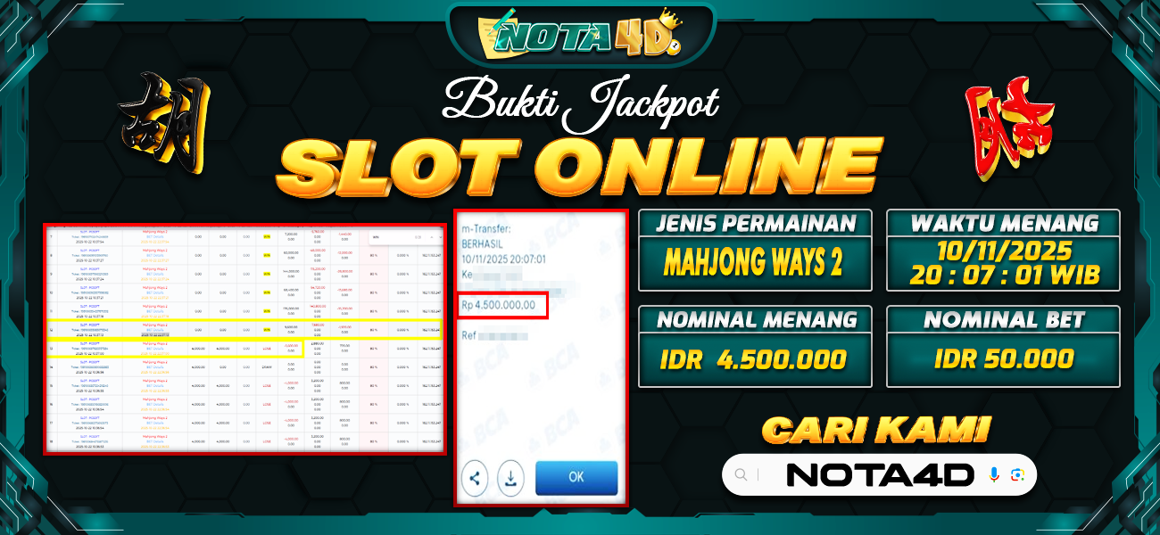 Bukti Kemenangan Besar Dibayar lunas Member NOTA4D RP 4.500.000, 10 November 2025