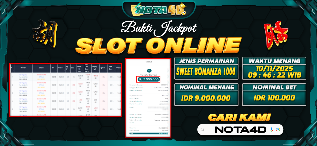 Bukti Kemenangan Besar Dibayar lunas Member NOTA4D RP 9.000.000, 10 November 2025