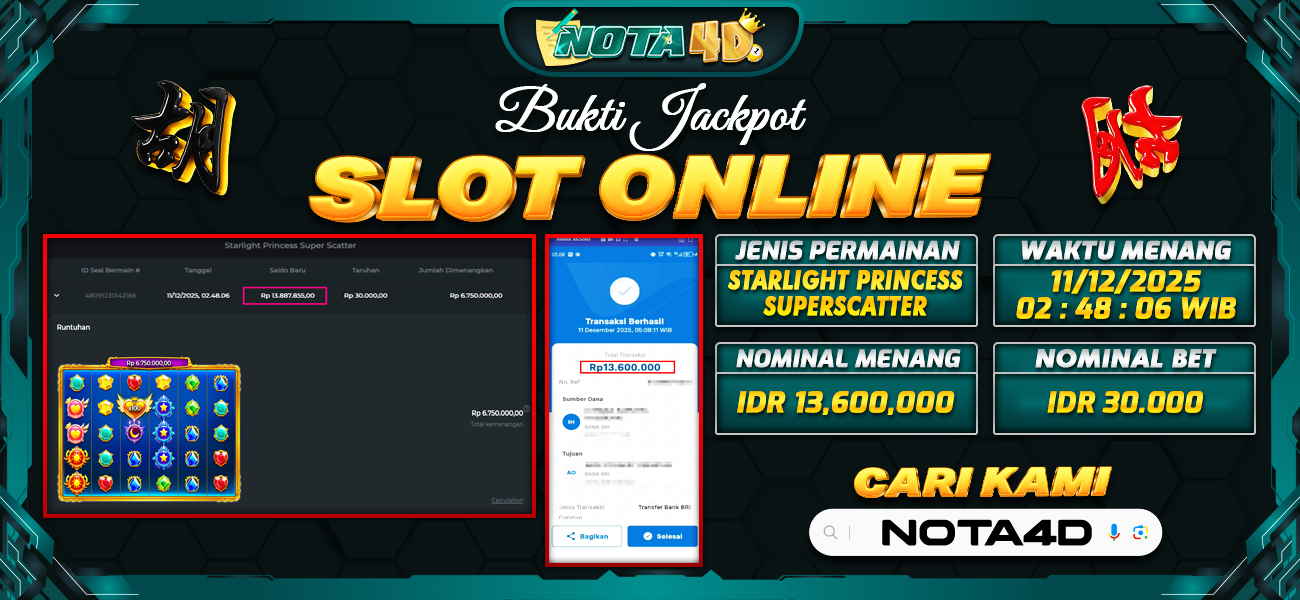 Bukti Kemenangan Besar Dibayar lunas Member NOTA4D RP 13.600.000, 11 Desember 2025