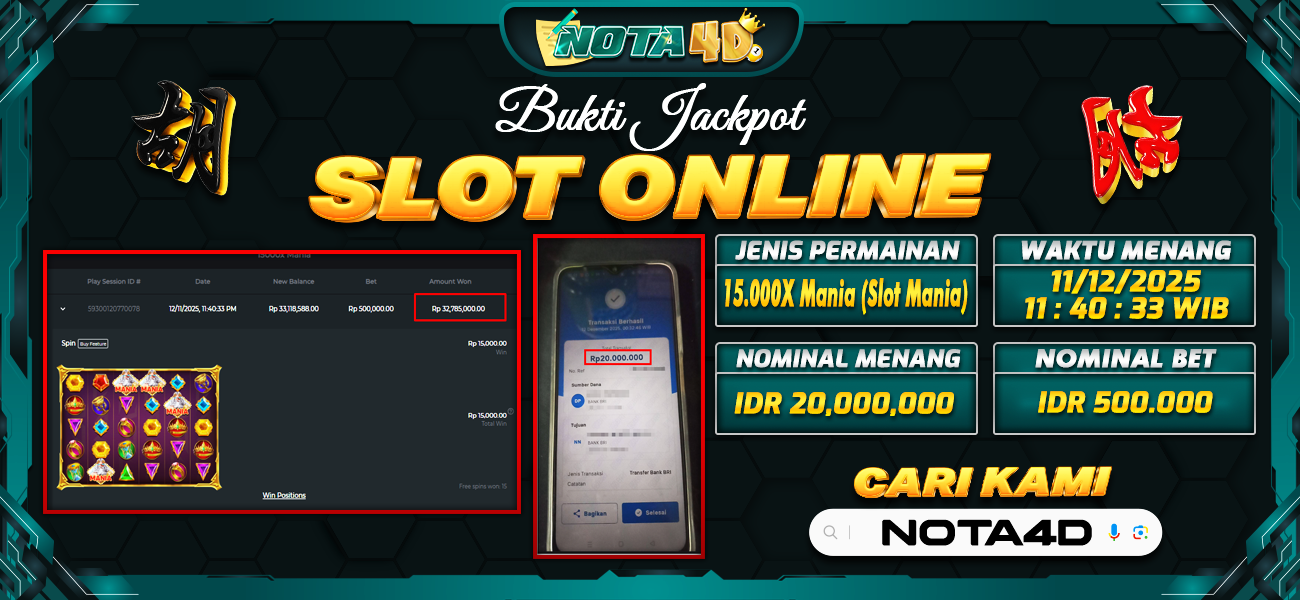 Bukti Kemenangan Besar Dibayar lunas Member NOTA4D RP 20.000.000, 11 Desember 2025