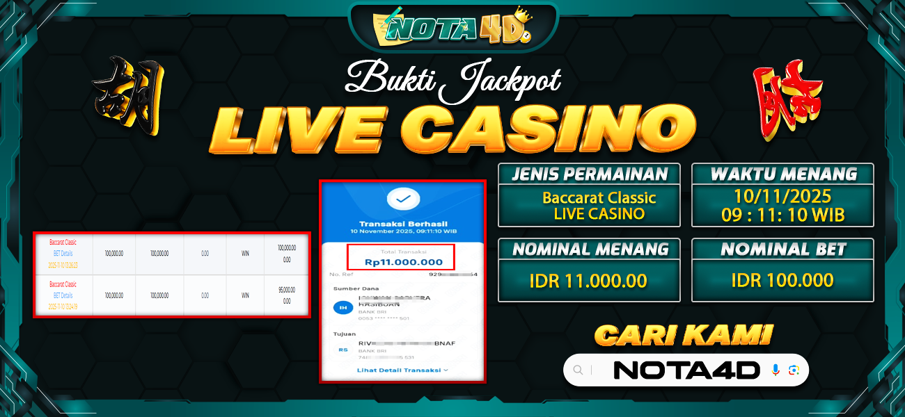 Bukti Kemenangan Besar Dibayar lunas Member NOTA4D RP 11.000.000, 11 November 2025