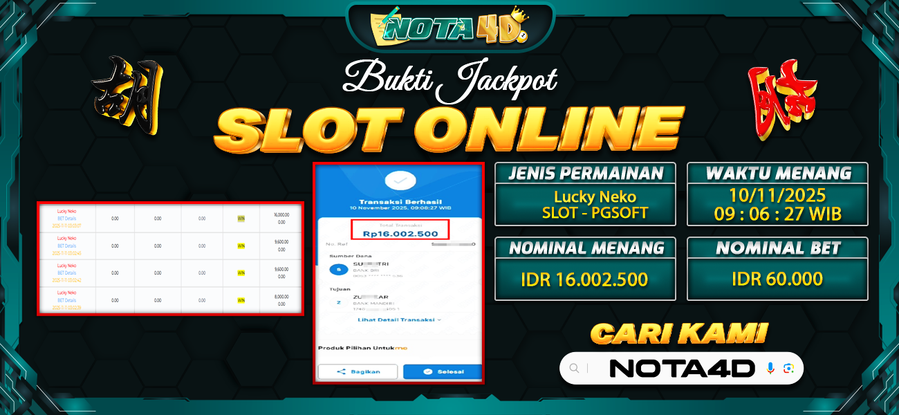 Bukti Kemenangan Besar Dibayar lunas Member NOTA4D RP 16.002.500, 11 November 2025