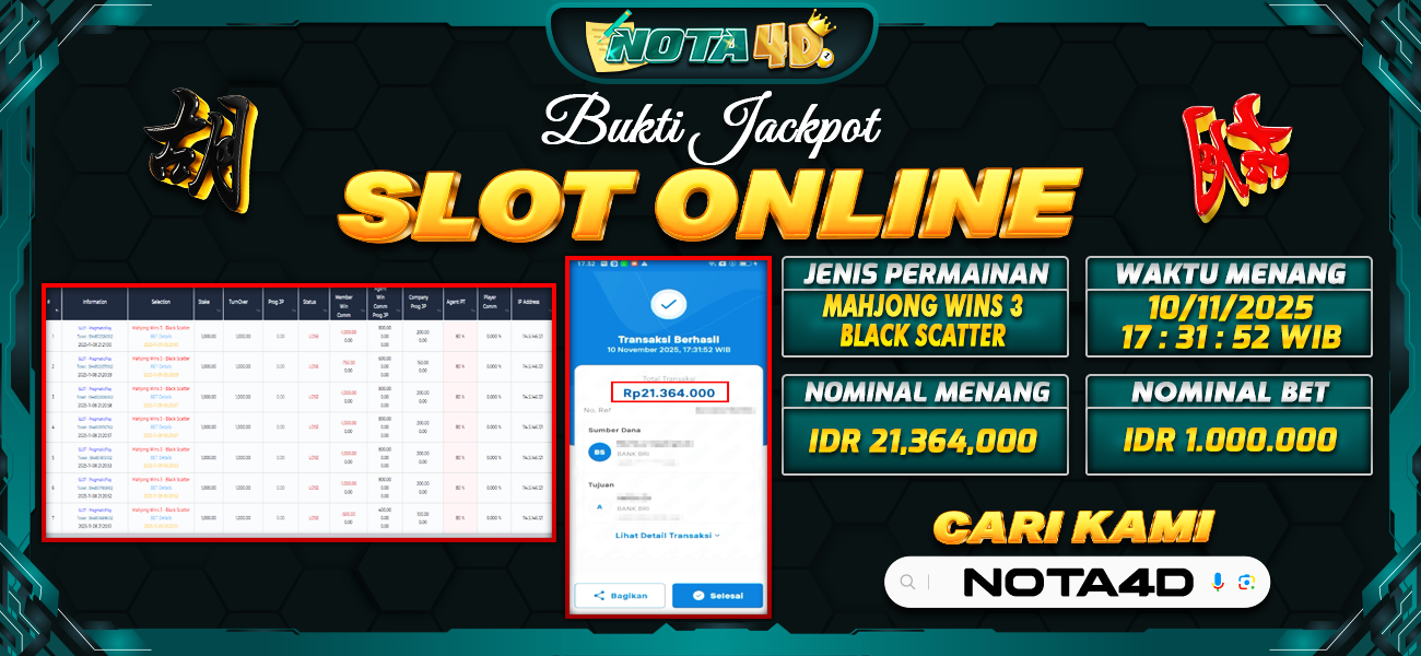 Bukti Kemenangan Besar Dibayar lunas Member NOTA4D RP 21.364.000, 11 November 2025