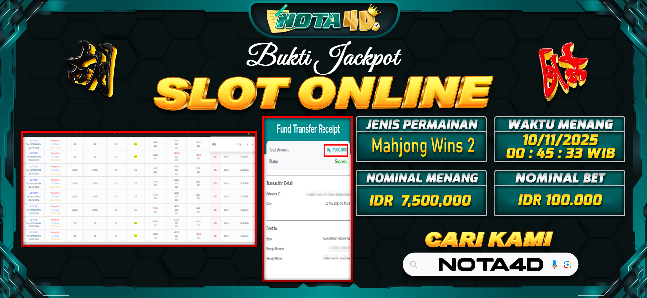 Bukti Kemenangan Besar Dibayar lunas Member NOTA4D RP 7.500.000, 11 November 2025