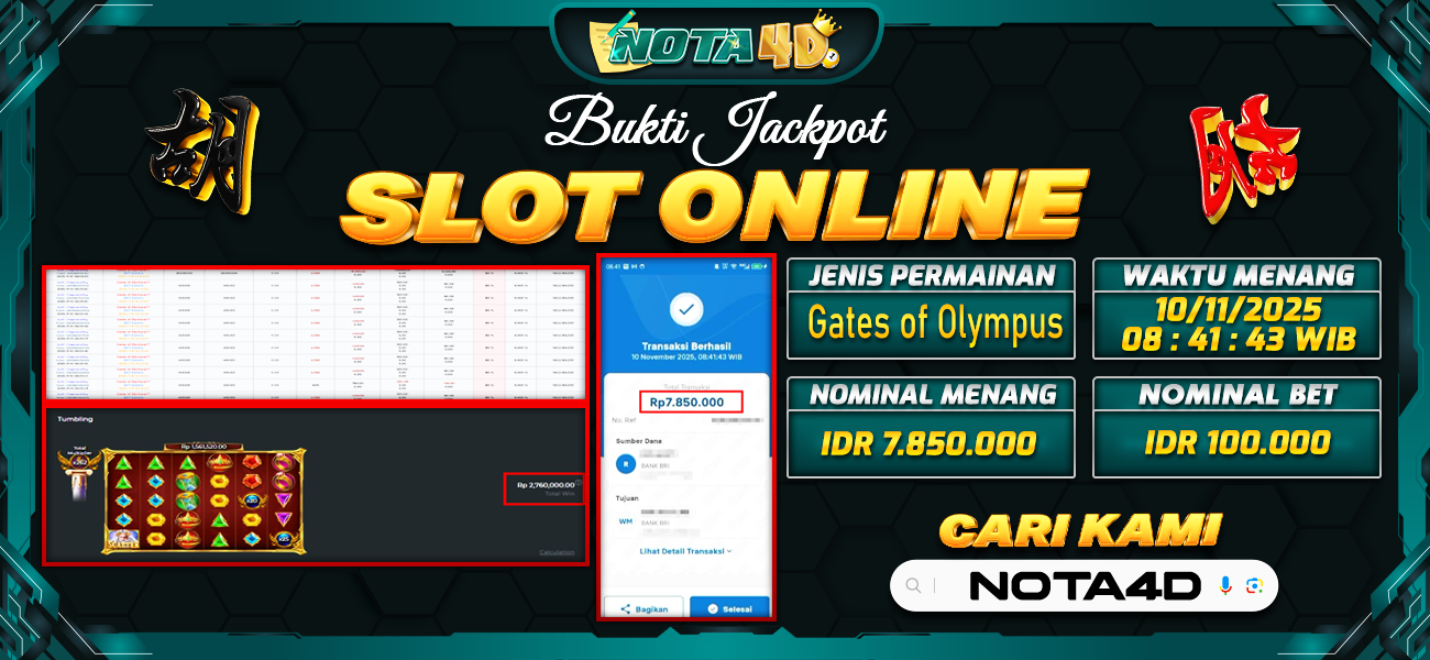 Bukti Kemenangan Besar Dibayar lunas Member NOTA4D RP 7.850.000, 11 November 2025