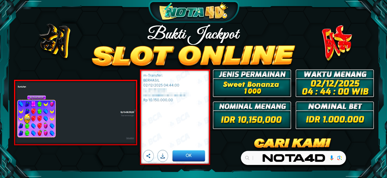 Bukti Kemenangan Besar Dibayar lunas Member NOTA4D RP 10.150.000, 2 Desember 2025