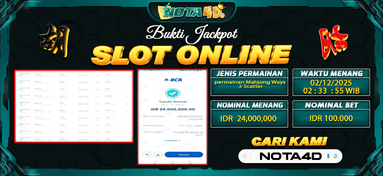 Bukti Kemenangan Besar Dibayar lunas Member NOTA4D RP 24.000.000, 2 Desember 2025