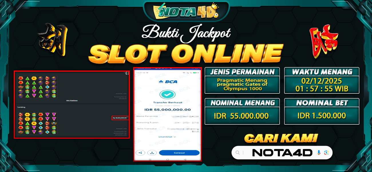 Bukti Kemenangan Besar Dibayar lunas Member NOTA4D RP 55.000.000, 2 Desember 2025
