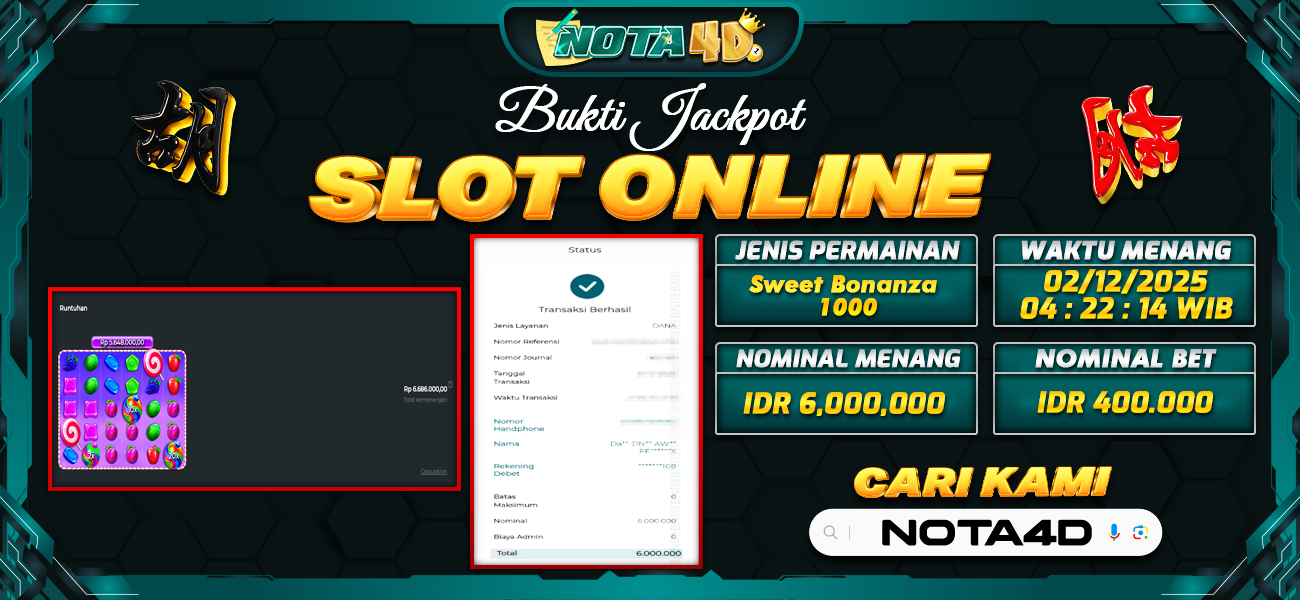 Bukti Kemenangan Besar Dibayar lunas Member NOTA4D RP 6.000.000, 2 Desember 2025