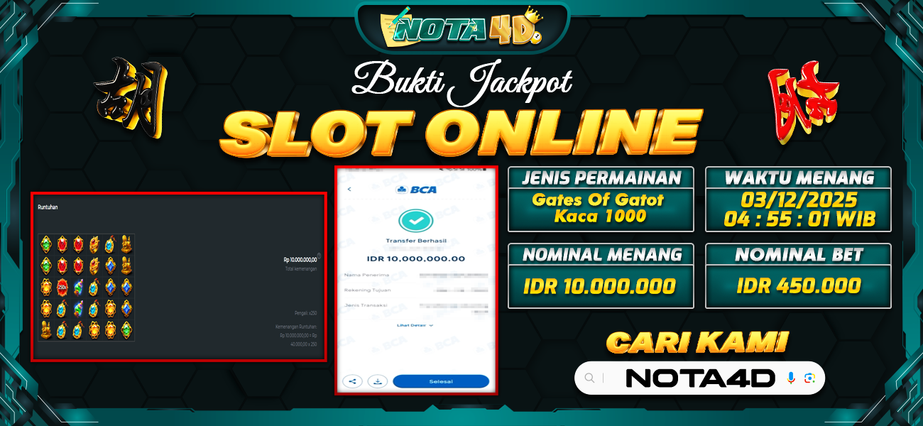Bukti Kemenangan Besar Dibayar lunas Member NOTA4D RP 10.000.000, 3 Desember 2025