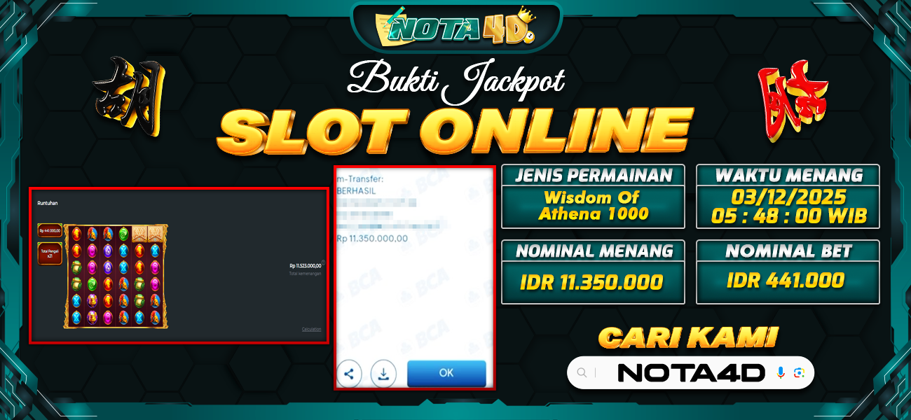 Bukti Kemenangan Besar Dibayar lunas Member NOTA4D RP 11.350.000, 3 Desember 2025