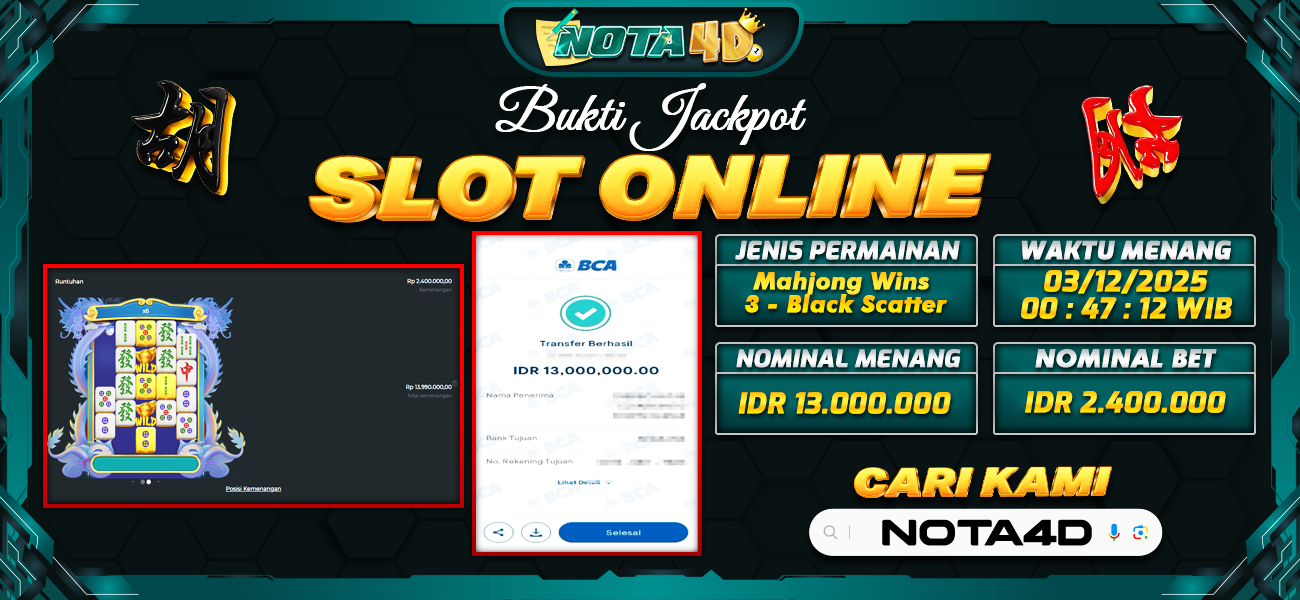 Bukti Kemenangan Besar Dibayar lunas Member NOTA4D RP 13.000.000, 3 Desember 2025