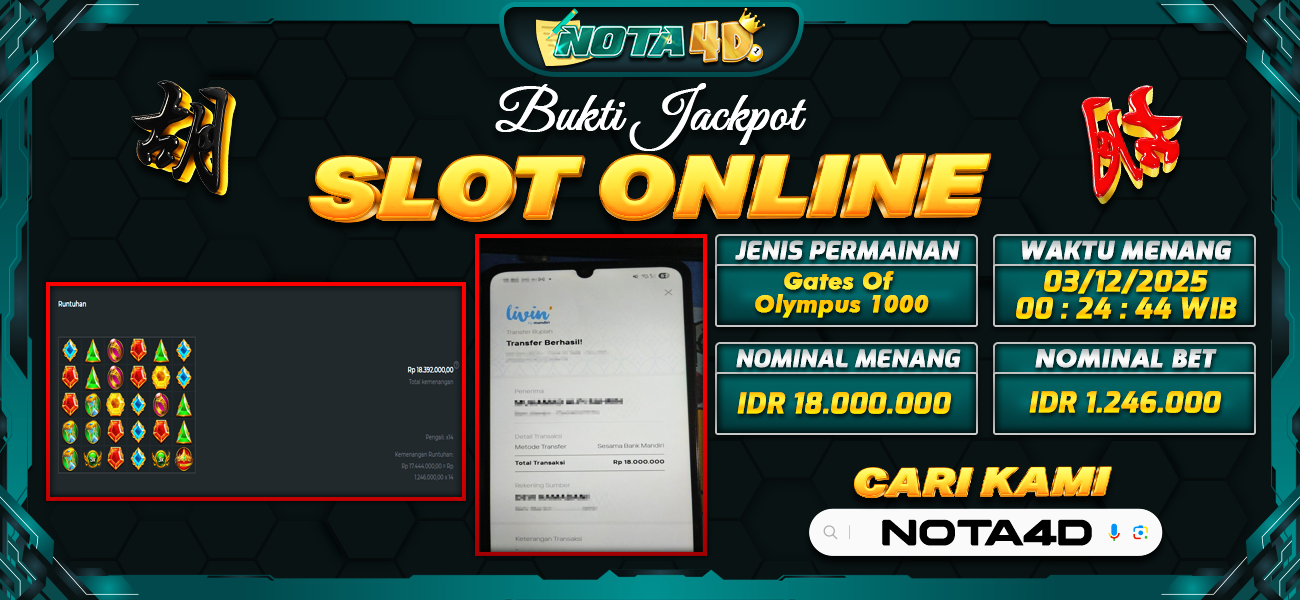 Bukti Kemenangan Besar Dibayar lunas Member NOTA4D RP 18.000.000, 3 Desember 2025