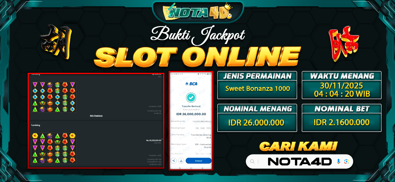 Bukti Kemenangan Besar Dibayar lunas Member NOTA4D RP 26.000.000, 30 November 2025