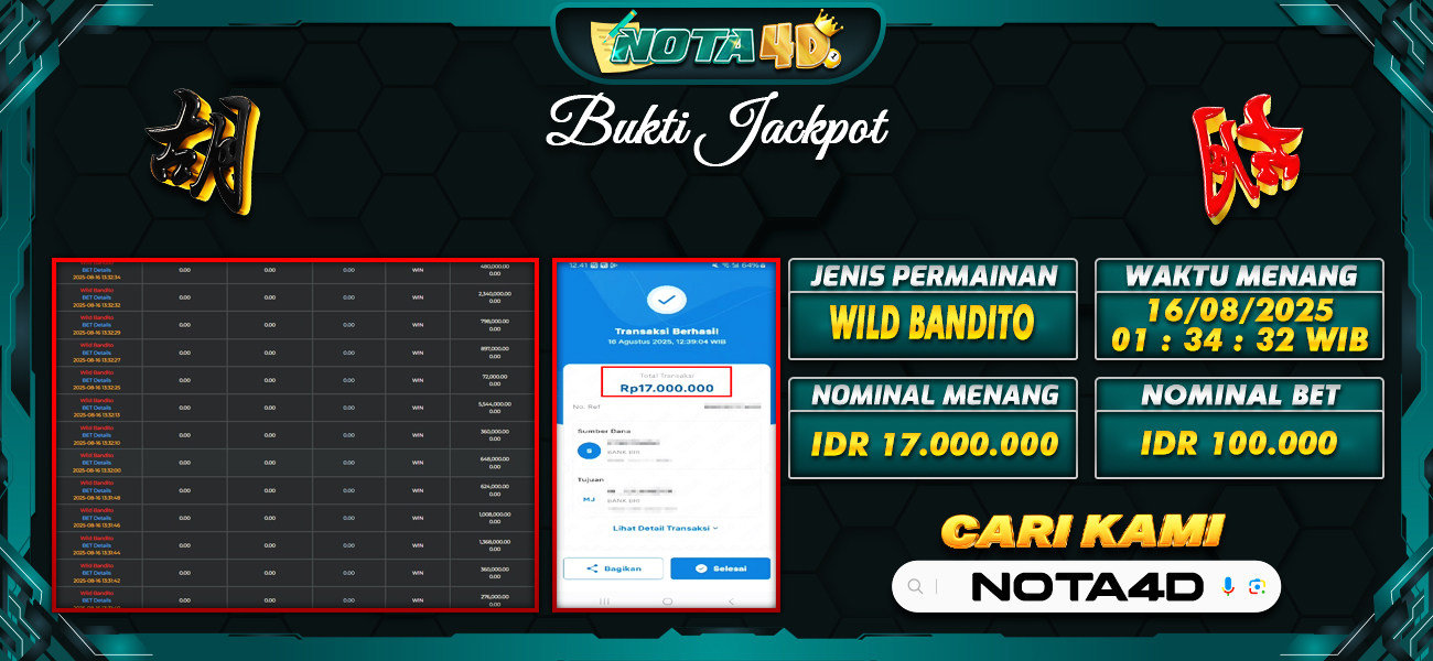 Bukti Kemenangan Besar Dibayar lunas Member NOTA4D RP 17.000.000, 16 Agustus 2025