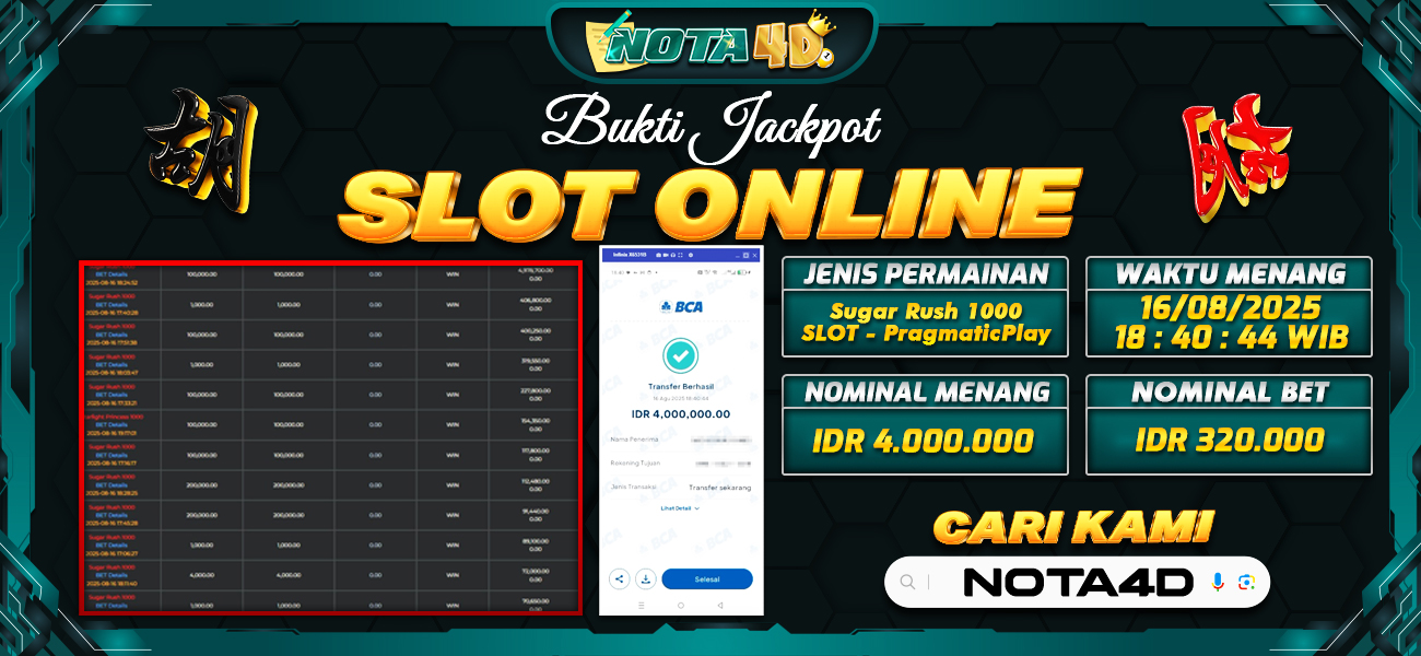 Bukti Kemenangan Besar Dibayar lunas Member NOTA4D RP 4.000.000 16 AGUSTUS2025