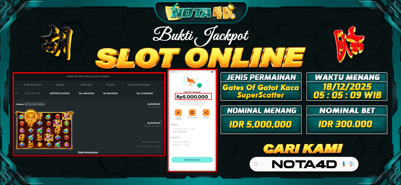 Bukti Kemenangan Besar Dibayar lunas Member NOTA4D RP 5.000.000, 18 Desember 2025