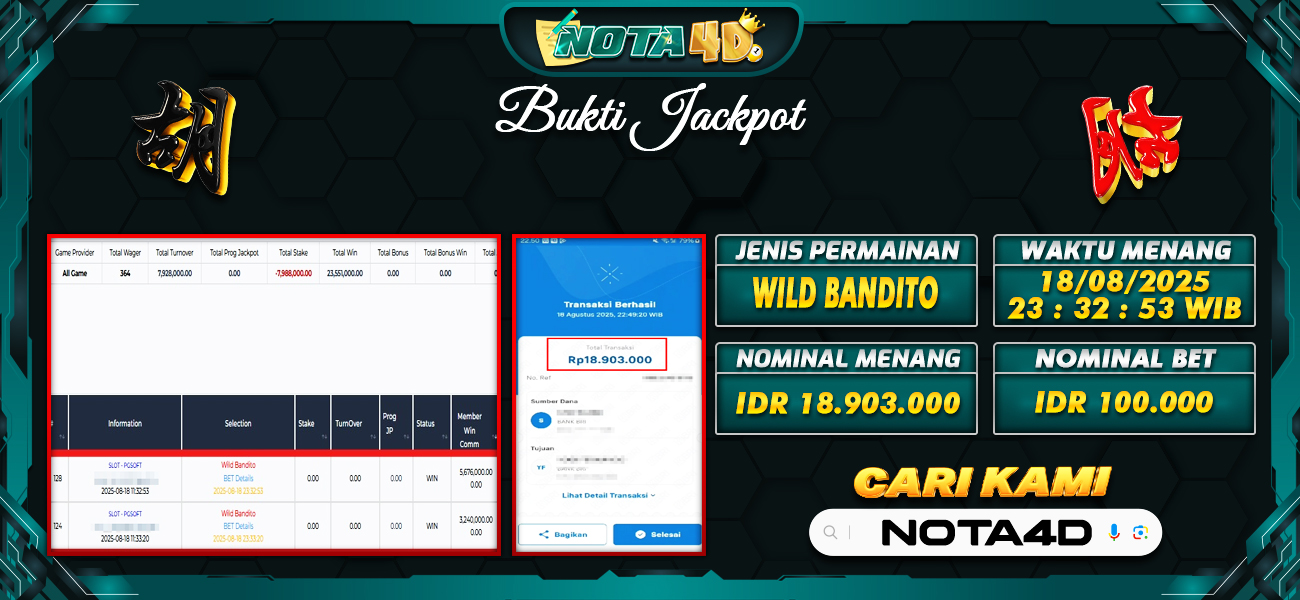Bukti Kemenangan Besar Dibayar lunas Member NOTA4D RP 18.903.000, 19 Agustus 2025