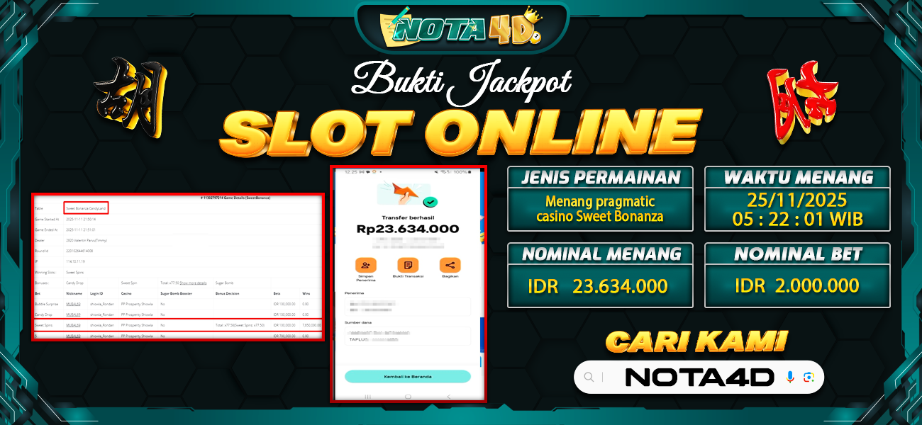 Bukti Kemenangan Besar Dibayar lunas Member NOTA4D RP 23.634.000, 25 November 2025