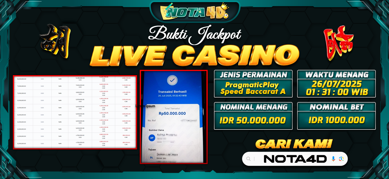 Bukti Kemenangan Besar Dibayar lunas Member NOTA4D RP 50.000.000, 26 Juli 2025