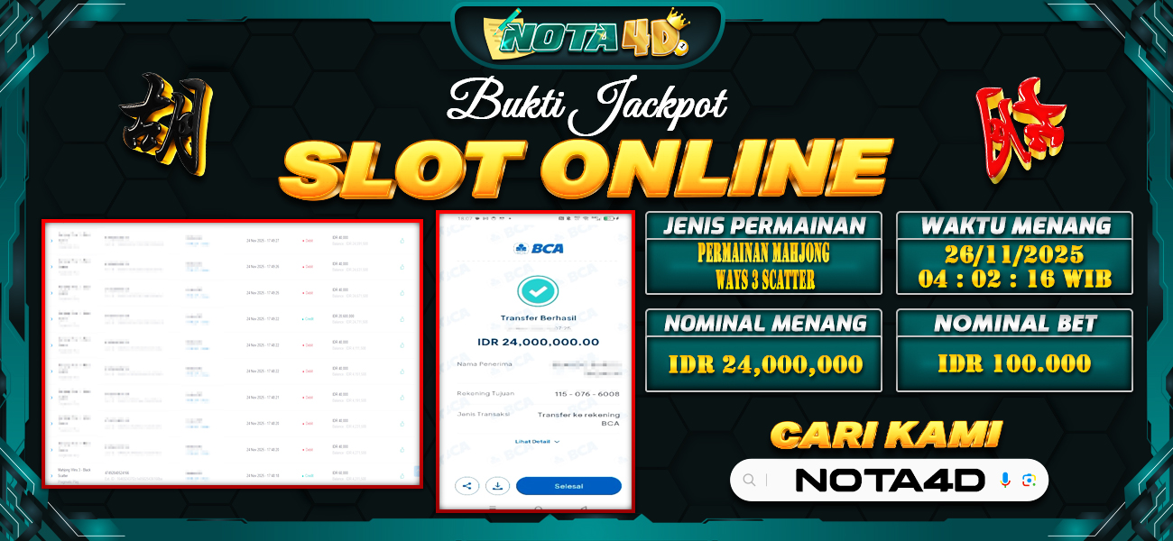 Bukti Kemenangan Besar Dibayar lunas Member NOTA4D RP 24.000.000, 26 November 2025