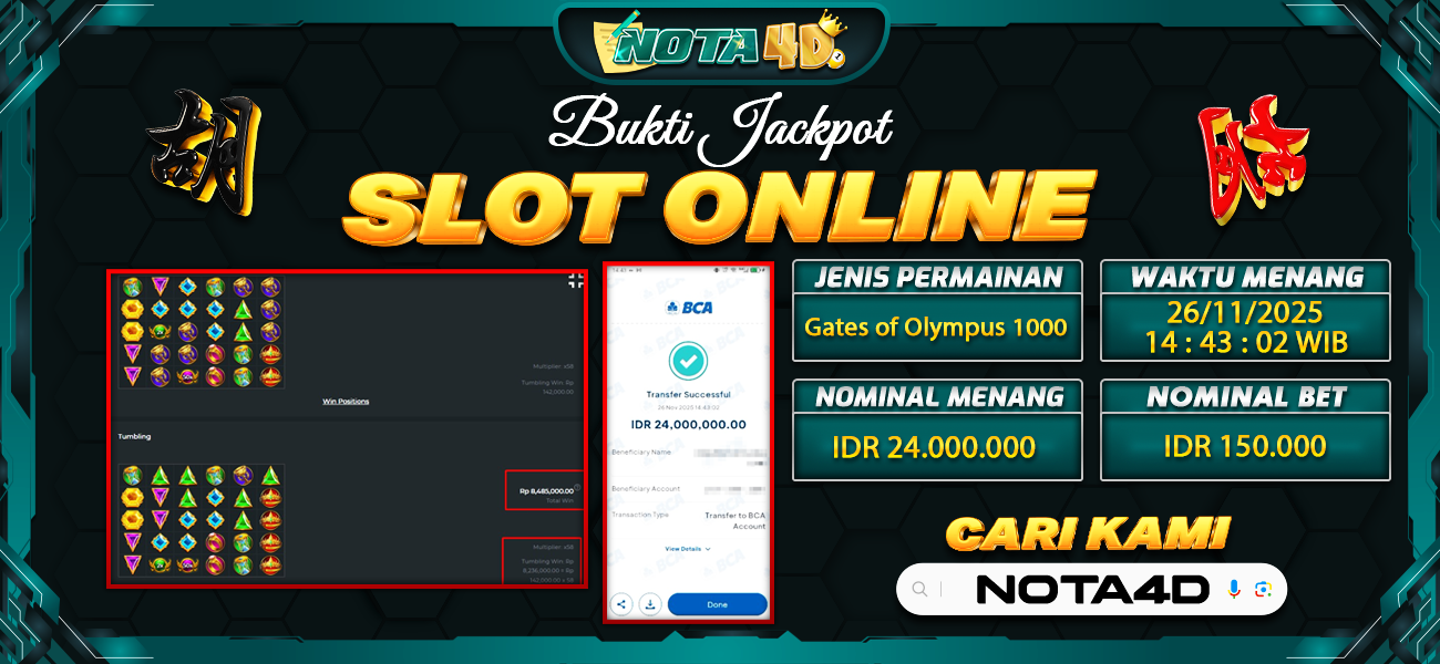 Bukti Kemenangan Besar Dibayar lunas Member NOTA4D RP 24.000.000, 26 November 2025