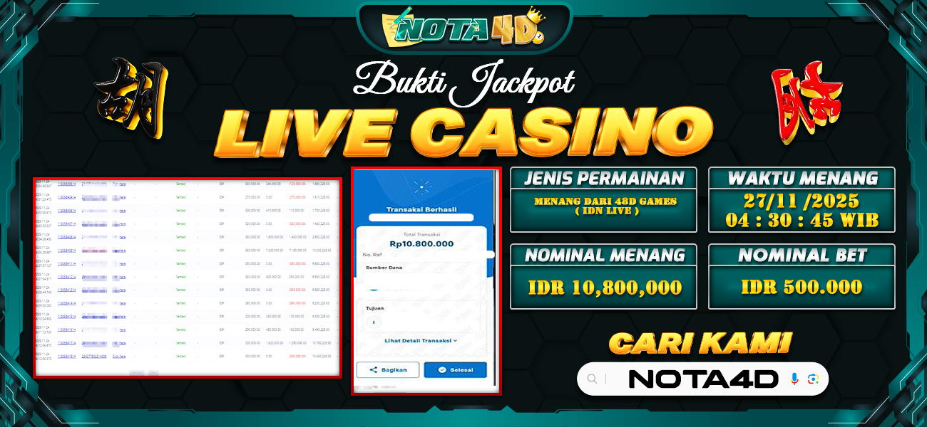 Bukti Kemenangan Besar Dibayar lunas Member NOTA4D RP 10.800.000, 27 November 2025