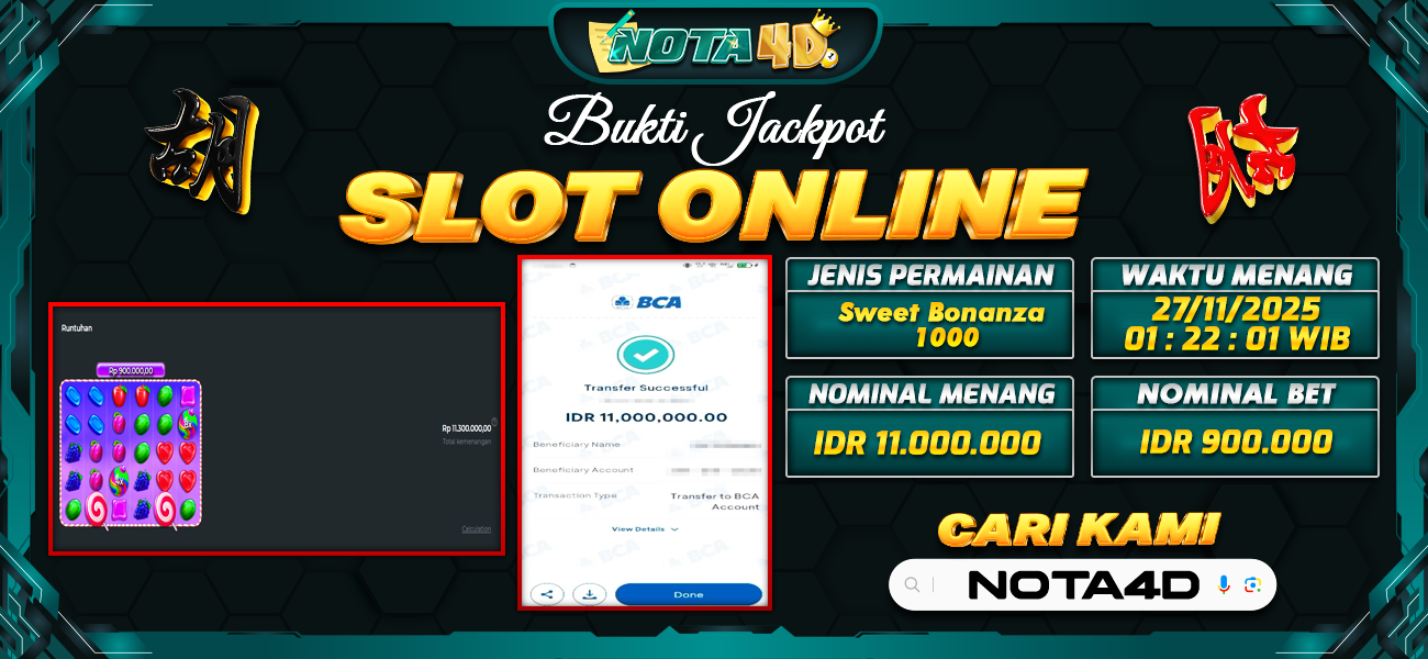 Bukti Kemenangan Besar Dibayar lunas Member NOTA4D RP 11.000.000, 27 November 2025