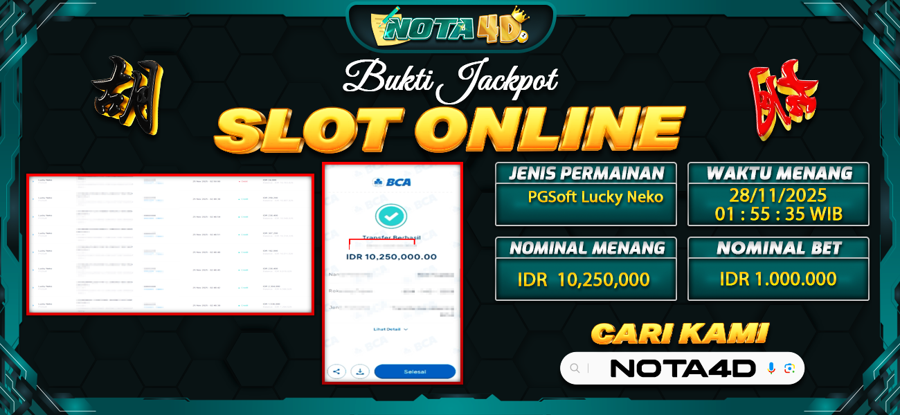 Bukti Kemenangan Besar Dibayar lunas Member NOTA4D RP 10.250.000, 28 November 2025