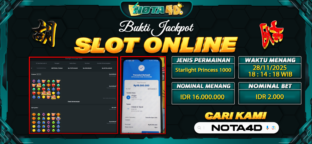 Bukti Kemenangan Besar Dibayar lunas Member NOTA4D RP 16.000.000, 28 November 2025