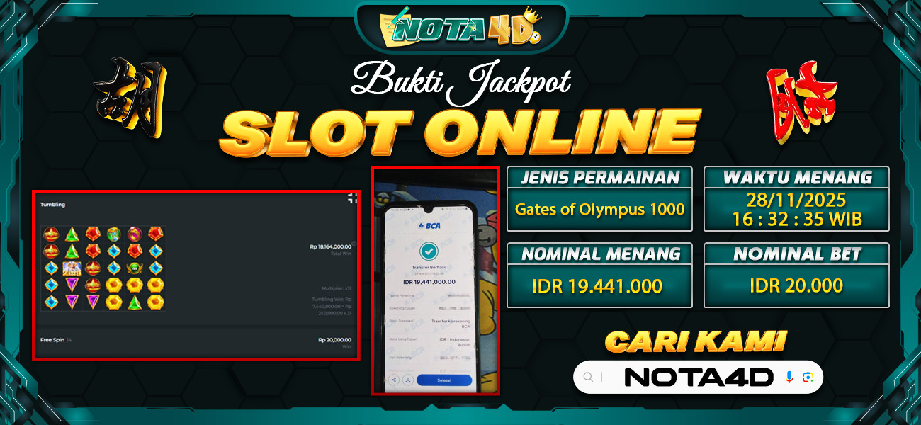 Bukti Kemenangan Besar Dibayar lunas Member NOTA4D RP 19.441.000, 28 November 2025