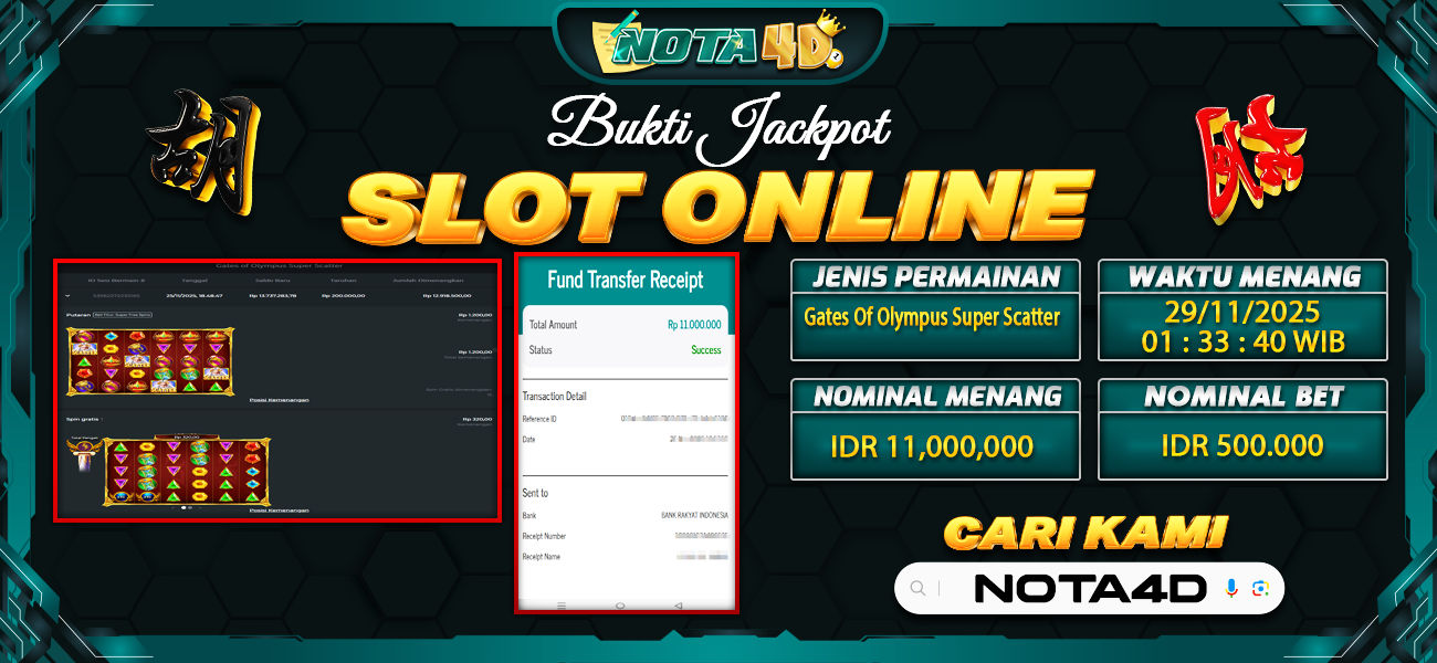 Bukti Kemenangan Besar Dibayar lunas Member NOTA4D RP 11.000.000, 29 November 2025