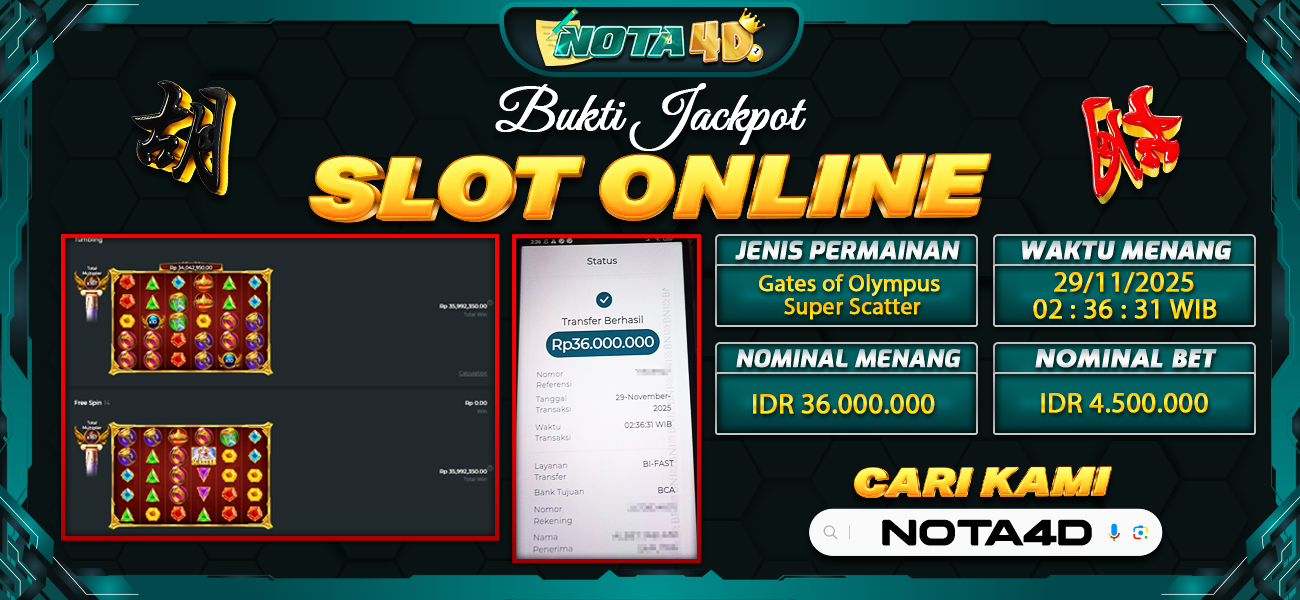 Bukti Kemenangan Besar Dibayar lunas Member NOTA4D RP 36.000.000, 29 November 2025