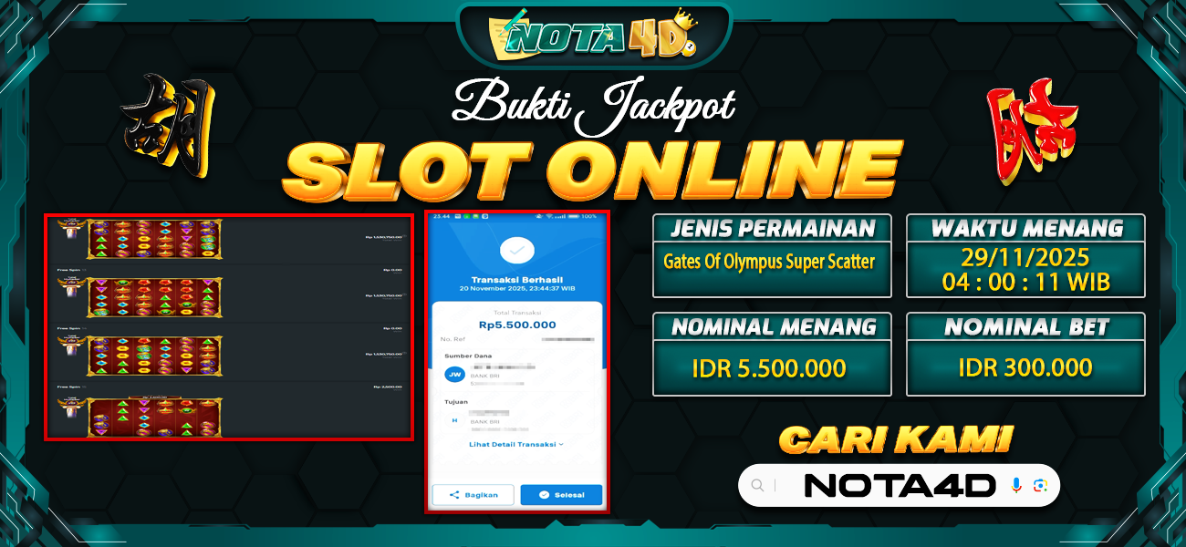Bukti Kemenangan Besar Dibayar lunas Member NOTA4D RP 5.500.000, 29 November 2025