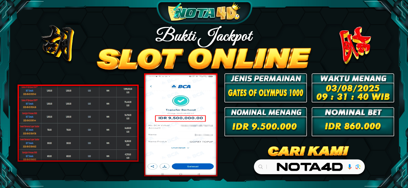 Bukti Kemenangan Besar Dibayar lunas Member NOTA4D RP 9.500.000, 3 Agustus 2025