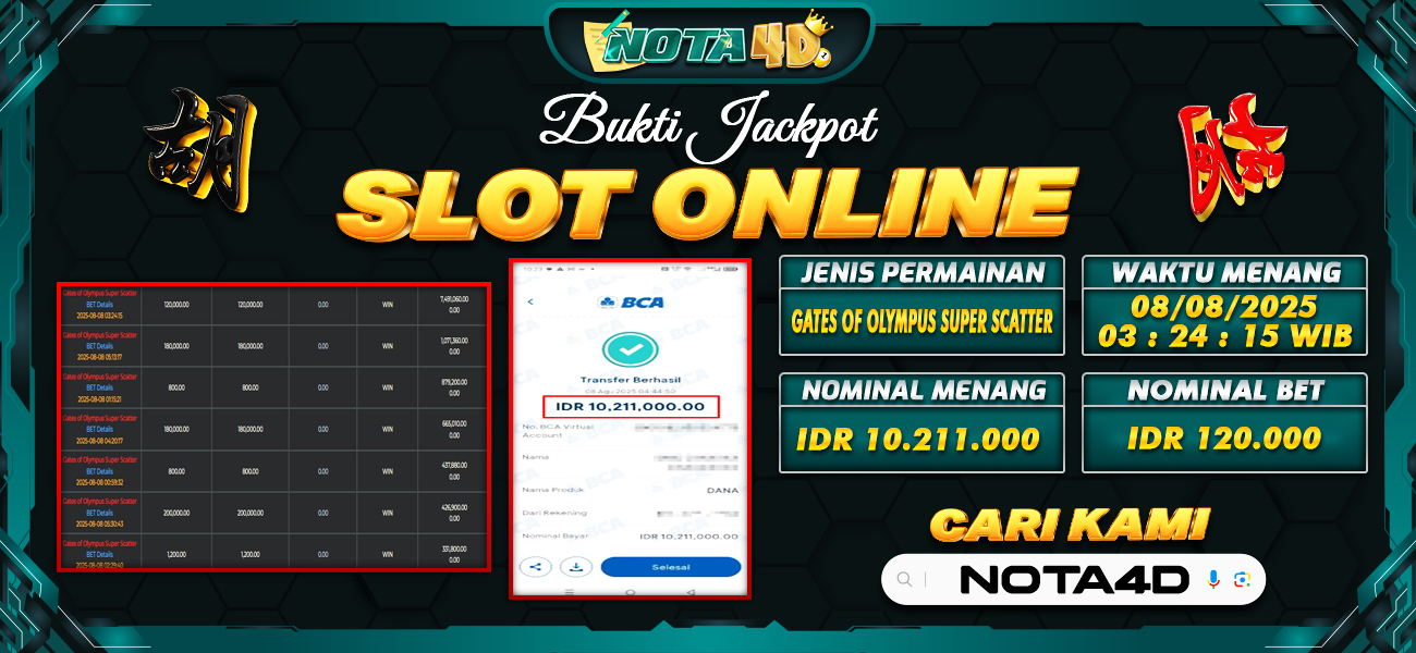 Bukti Kemenangan Besar Dibayar lunas Member NOTA4D RP 10.211.000, 8 Agustus 2025